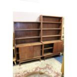 A NEAR PAIR OF RETRO TEAK OPEN BOOKCASE WITH SLIDING DOORS TO THE BASES H-182 W-101 CM (LARGEST)