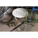 A SMALL CAST METAL TABLE TOGETHER WITH A FOLDABLE STAND, VINTAGE SCALES ETC.