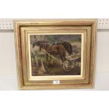 (XX). An impressionist study of working horses and carts. Signed lower left, oil on board, framed, ,