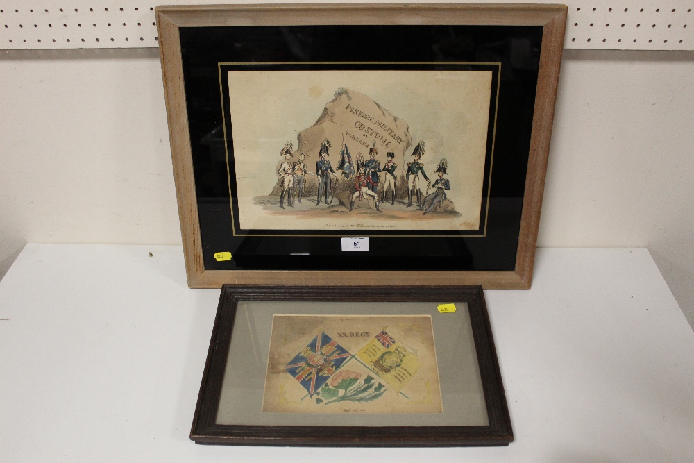 TWO FRAMED AND GLAZED MILITARY INTEREST PICTURES TO INCLUDE A HAND COLOURED EXAMPLE