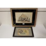 TWO FRAMED AND GLAZED MILITARY INTEREST PICTURES TO INCLUDE A HAND COLOURED EXAMPLE