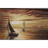 A FRAMED OIL ON BOARD DEPICTING SHIPS ON THE SEA AT SUNSET SIGNED J ARLOTT LOWER RIGHT SIZE - 75CM X