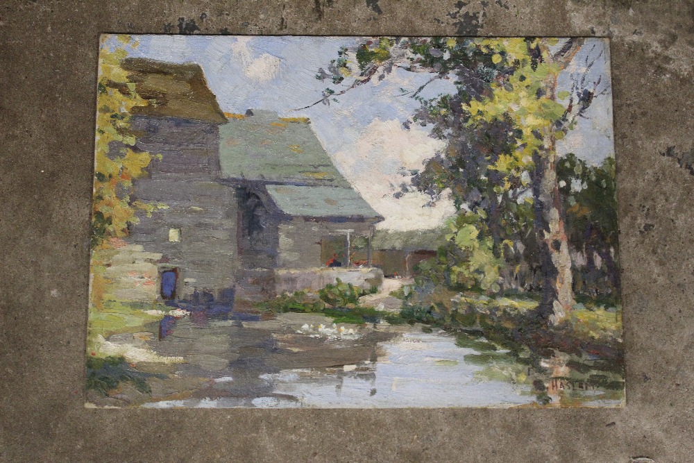 HASLAM (XX). An impressionist farmstead scene with ducks on a pond surrounded by trees. Signed lower - Image 2 of 4