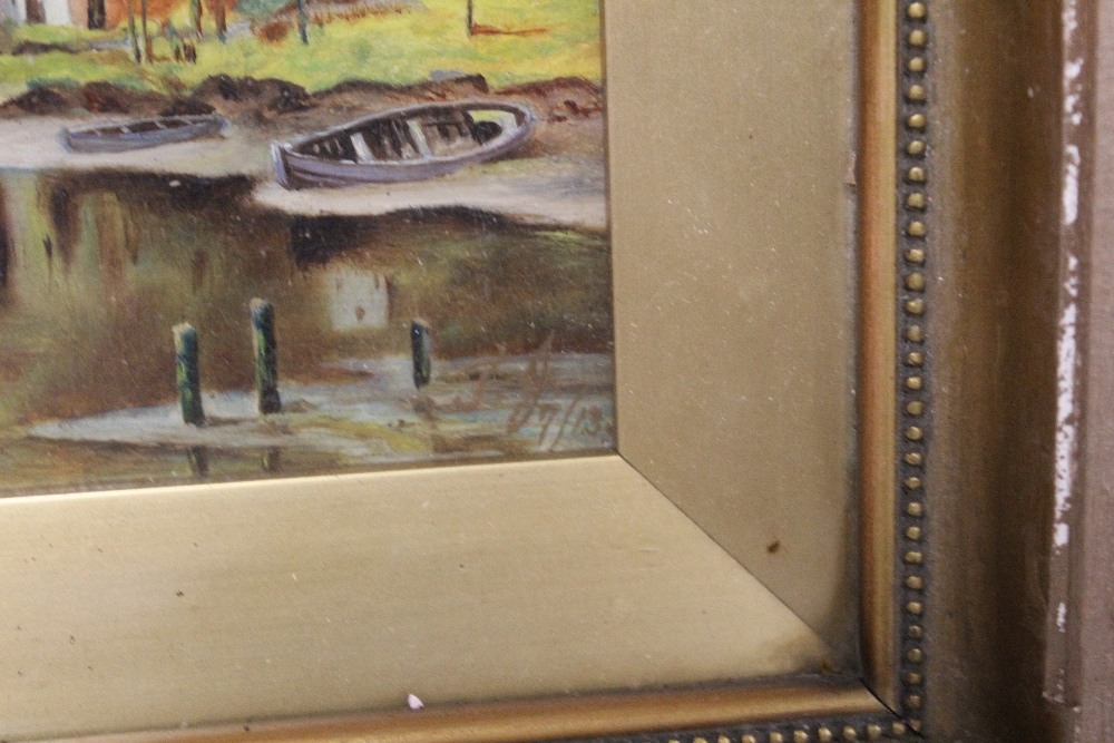 A PAIR OF ANTIQUE GILT FRAMED OILS ON BOARDS DEPICTING HARBOUR SCENES WITH FIGURES INITIALLED - Image 5 of 6