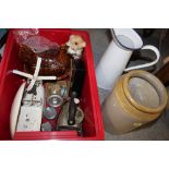 A BOX OF COLLECTABLES TO INCLUDE AN ENAMEL JUG, FLAT IRON, VINTAGE SCALES ETC