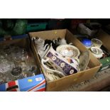 THREE TRAYS OF ASSORTED CERAMICS AND GLASS TO INCLUDE GALWAY CRYSTAL, HAND PAINTED CABINET PLATE