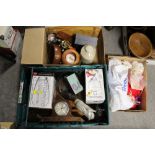 THREE BOXES OF COLLECTABLES AND METALWARE TO INCLUDE A RETRO STYLE CRUET SET, CLOCKS, DOLLS ETC.