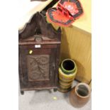 A SMALL CARVED MAHOGANY CORNER CUPBOARD WITH SUNFLOWER DETAIL, TOGETHER WITH A WEST GERMAN VASE,