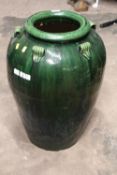 A LARGE GLAZED GREEN PLANT POT / VASE