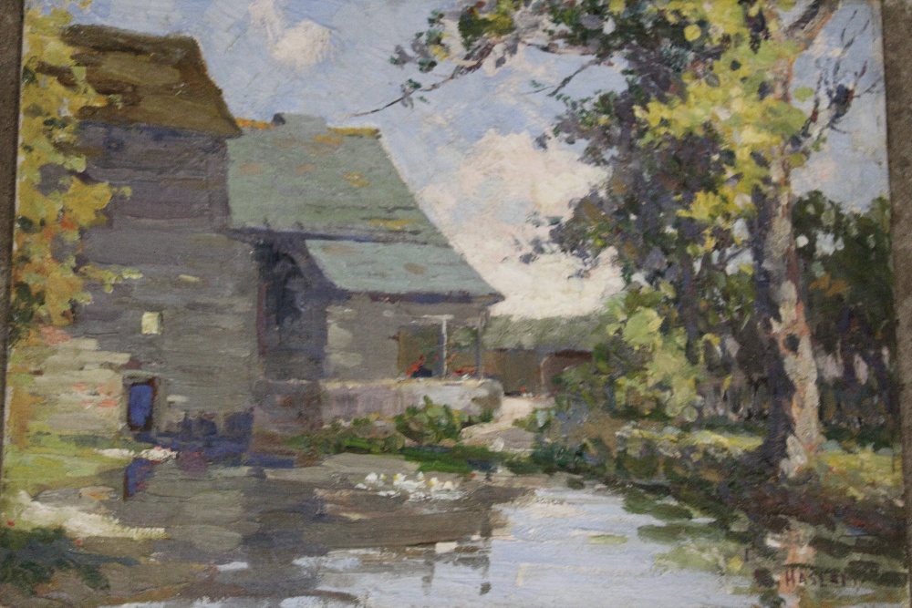 HASLAM (XX). An impressionist farmstead scene with ducks on a pond surrounded by trees. Signed lower