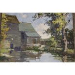 HASLAM (XX). An impressionist farmstead scene with ducks on a pond surrounded by trees. Signed lower