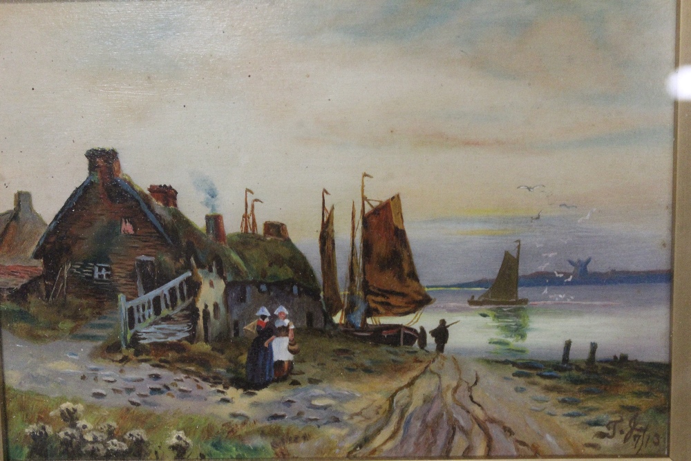 A PAIR OF ANTIQUE GILT FRAMED OILS ON BOARDS DEPICTING HARBOUR SCENES WITH FIGURES INITIALLED - Image 2 of 6