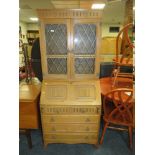 AN OAK LEADED / GLAZED BUREAU BOOKCASE H-181 W-76 CM