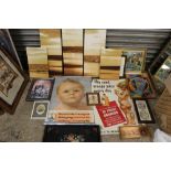 A BOX OF PICTURES AND PRINTS TO INCLUDE VINTAGE UNFRAMED ORANGE JUICE ADVERTISING POSTERS, CROSS