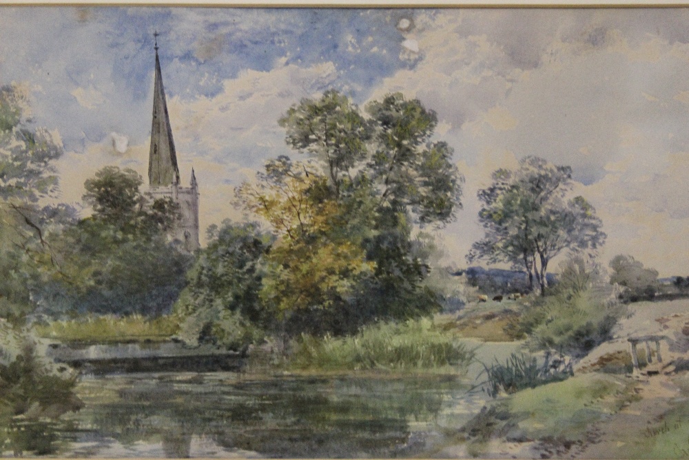 CHARLES ROWBOTHAM. A wooded river landscape with church 'Church at Stratford on Avon', signed with - Image 2 of 4