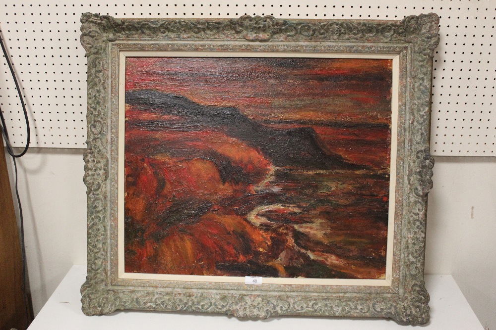 (XX). An impressionist stormy rocky coastal scene. Indistinctly signed lower left, oil on canvas,