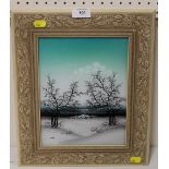 A FRAMED REVERSE PAINTING ON GLASS DEPICTING A WINTER SCENE SIGNED ERES 19 CM BY 24.5 CM