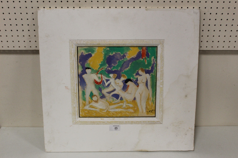 (XX). A modernist study of male and female nudes in a landscape, signed lower right, watercolour,