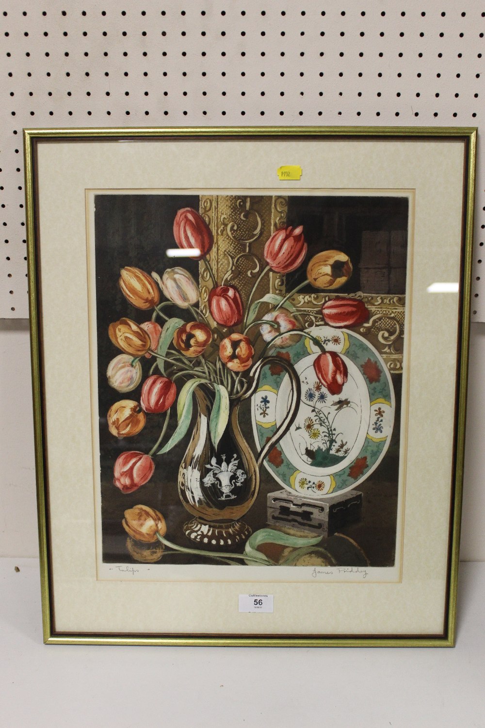 A FRAMED AND GLAZED SIGNED JAMES PRIDDEY PRINT ENTITLED TULIPS' 33CM BY 42 CM