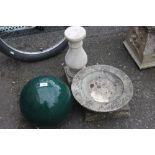 A THREE PIECE BIRD BATH (A/F) TOGETHER WITH A GLAZED GARDEN GLOBE ORNAMENT