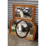 TWO PINE FRAMED OVERMANTEL MIRRORS TOGETHER WITH AN OVAL SHAPED EXAMPLE (3) LARGEST OVERALL -75CM