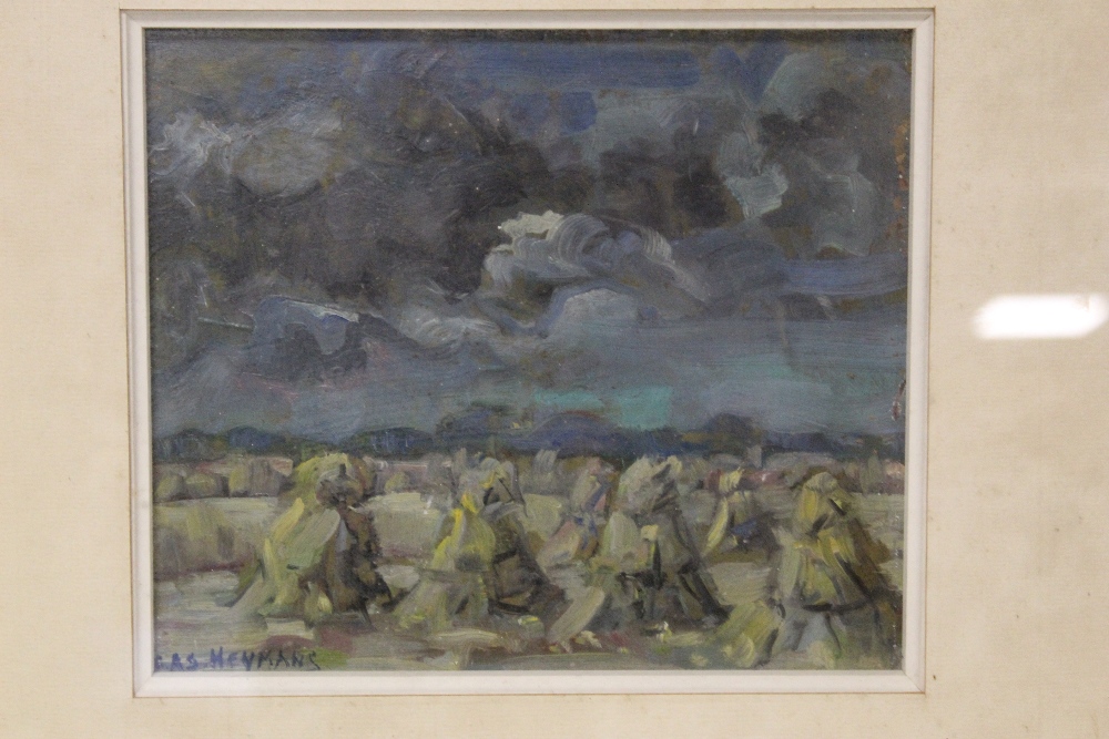 BAS. HEYMANS (XX). Dutch school, an impressionist stormy landscape with corn stooks. Signed lower