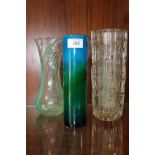 A SIGNED STUDIO GLASS CYLINDRICAL VASE TOGETHER WITH A CAITHNESS EXAMPLE AND ANOTHER (3)