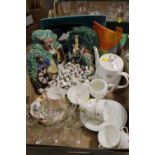 A BOX OF CHINA AND GLASSWARE TO INCLUDE CERAMIC MASON'S WALL PLAQUES, COLLECTION OF THIMBLES ETC