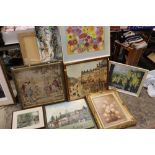 A QUANTITY OF PICTURES AND PRINTS TO INCLUDE OIL ON CANVAS'S, GILT FRAMED EMBROIDERY ETC (8)