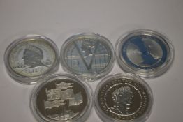 FIVE SILVER PROOF £5 CROWNS - 1996, 2000, 2001, 2002 and 2011 (5)