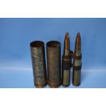 A PAIR OF WWII SHELL CASES AND BULLETS, one stamped 551 CY 79 PRAC 4* Z, the other 70 CY 80 PRAC 4 *