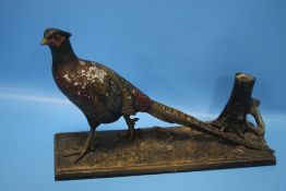 A COLD PAINTED SPELTER PHEASANT TABLE CIGAR LIGHTER missing wand, L 31 cm