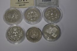 SILVER PROOF CROWNS 1972, 1977, 1980, 1990, 1993 and 1997 (6)