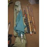 A SELECTION OF ASSORTED FISHING RODS, to include an Abu Atlantic, a Milbro Prefect, a fishing brolly