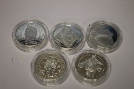 FIVE SILVER PROOF £5 CROWNS - 2000, 2004, 2008, 2009 and 2011 (5)