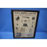 A LATE VICTORIAN FRAMED 'BEXLEY MUSICAL WAREHOUSE' ADVERTISING SIGN, 44 x 55 cm (including frame)