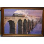 JOHN AUSTIN OIL ON CANVAS of a steam train on a bridge, 73 x 104 cm including frame