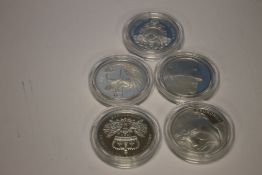 FIVE SILVER PROOF £5 CROWNS - 2010, 2011, 2014 and 2015 x 2 (5)