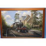 BARRY G. PRICE - AN OIL ON CANVAS, steam engine 4409 at Much Wenlock station in 1949, signed