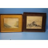 H. PROUD - A WATERCOLOUR SEASCAPE, signed lower left, along with an ink drawing of a building signed