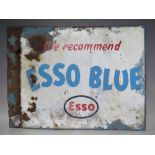 A VINTAGE DOUBLE SIDED ENAMEL ADVERTISING SIGN FOR ESSO - 'WE RECOMMEND ESSO BLUE', approximately 61