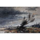 (XX). An impressionist storm landscape with town in background. Indistinctly signed lower left,