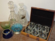 TWO TRAYS OF ASSORTED GLASSWARE, to include decanters, Bristol blue glass, boxed set of vintage cars