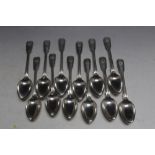A SET OF TWELVE HALLMARKED SILVER FIDDLE AND THREAD DESSERT SPOONS BY FRANCIS HIGGINS III - LONDON