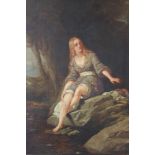 (XIX). A wooded rocky river landscape with young woman sat on a rock bathing her feet. Unsigned, oil