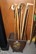 EIGHT ASSORTED WOODEN WALKING STICKS, to include a hallmarked silver banded ebonised example,