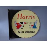 A VINTAGE DOUBLE SIDED ENAMEL ADVERTISING SIGN FOR HARRIS PAINT BRUSHES, W 41 cm, H 38.5 cm, D