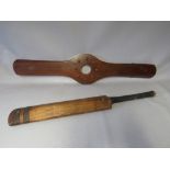 A VINTAGE MAHOGANY TRI-PLANE / AIRCRAFT PROPELLER, approx length 102 cm, together with a vintage