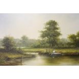 PETER DUFFIELD (XX / XXI). A wooded river landscape with two figures in a boat, cottage in