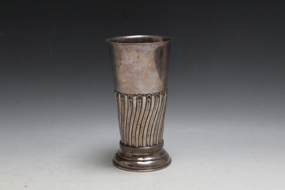 A HALLMARKED SILVER CONICAL VASE BY MAPPIN & WEBB - SHEFFIELD 1887, with half fluted decoration,